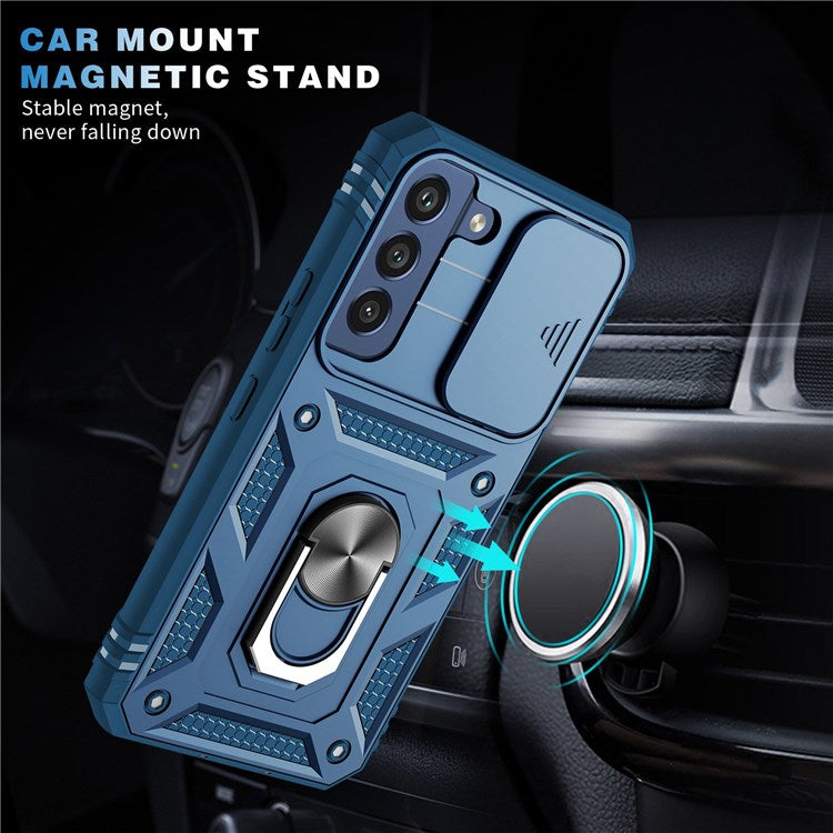 For Samsung Galaxy S22 5G Case Ring Kickstand Anti-Scratch Hard PC + TPU Bumper Shockproof Protective Cover with Sliding Camera Lens Protector - Sapphire/Sapphire