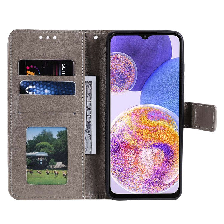 For Samsung Galaxy F23 PU Leather Shockproof Phone Flip Cover, Wallet Stand Design Imprinted Mandala Flower Phone Case - Grey
