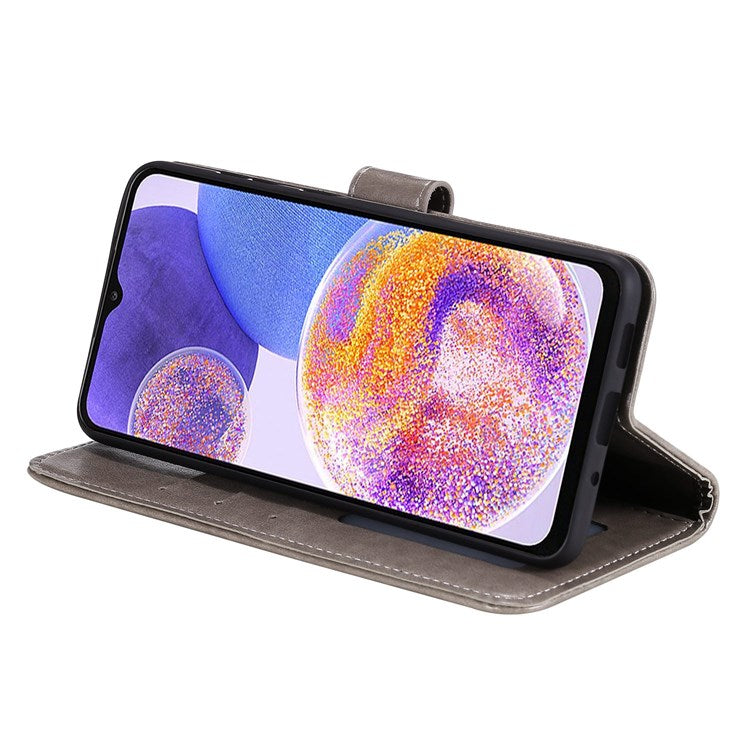 For Samsung Galaxy F23 PU Leather Shockproof Phone Flip Cover, Wallet Stand Design Imprinted Mandala Flower Phone Case - Grey