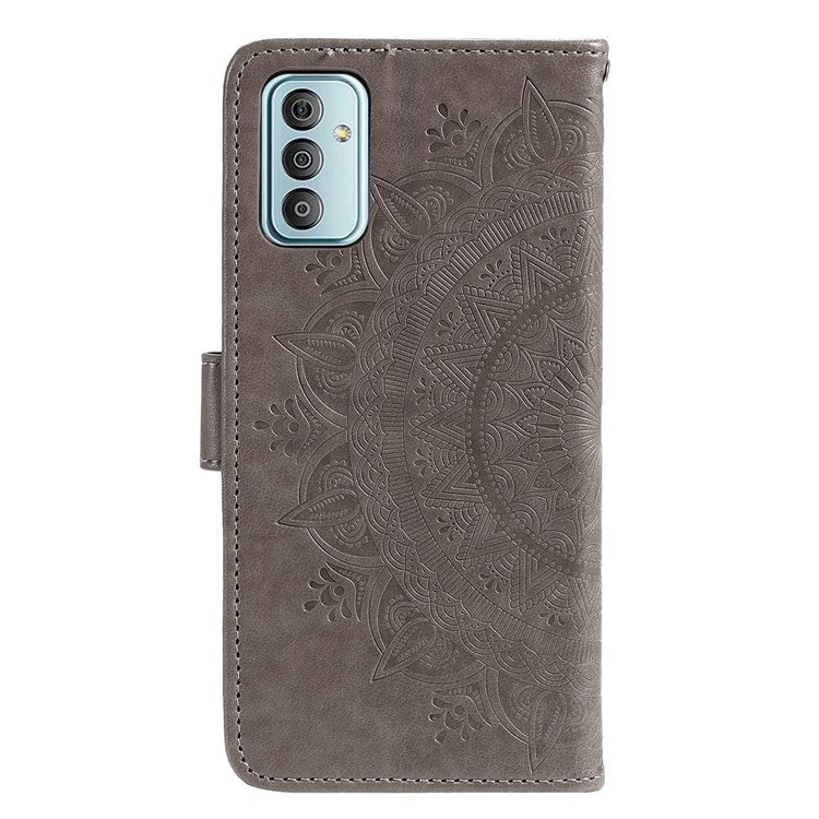 For Samsung Galaxy F23 PU Leather Shockproof Phone Flip Cover, Wallet Stand Design Imprinted Mandala Flower Phone Case - Grey