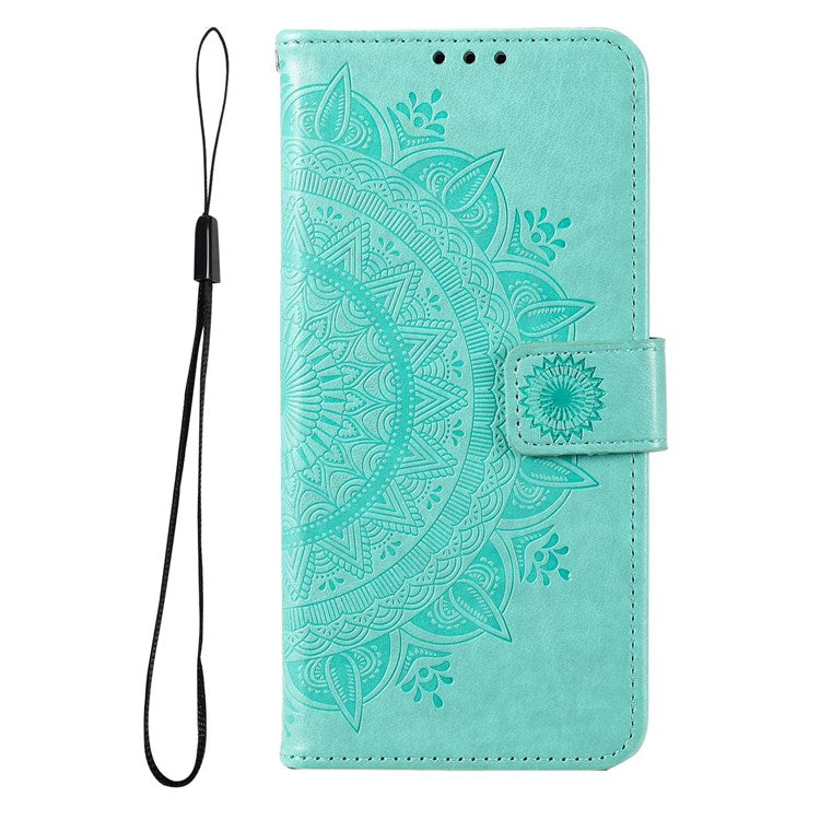 For Samsung Galaxy F23 PU Leather Shockproof Phone Flip Cover, Wallet Stand Design Imprinted Mandala Flower Phone Case - Green