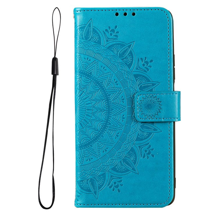 For Samsung Galaxy F23 PU Leather Shockproof Phone Flip Cover, Wallet Stand Design Imprinted Mandala Flower Phone Case - Blue
