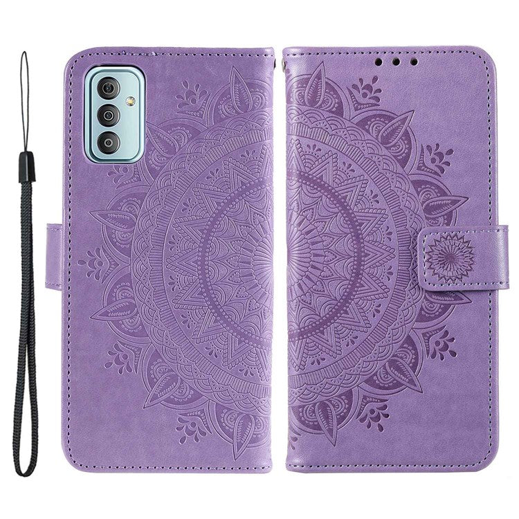 For Samsung Galaxy F23 PU Leather Shockproof Phone Flip Cover, Wallet Stand Design Imprinted Mandala Flower Phone Case - Purple