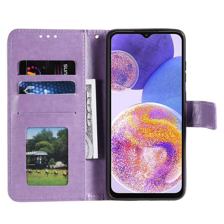 For Samsung Galaxy F23 PU Leather Shockproof Phone Flip Cover, Wallet Stand Design Imprinted Mandala Flower Phone Case - Purple