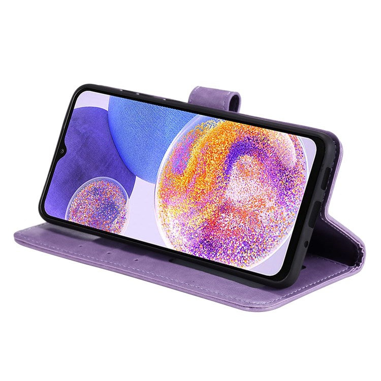 For Samsung Galaxy F23 PU Leather Shockproof Phone Flip Cover, Wallet Stand Design Imprinted Mandala Flower Phone Case - Purple