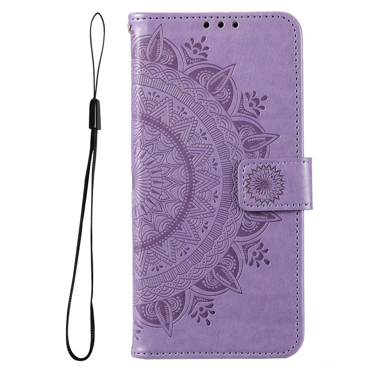 For Samsung Galaxy F23 PU Leather Shockproof Phone Flip Cover, Wallet Stand Design Imprinted Mandala Flower Phone Case - Purple