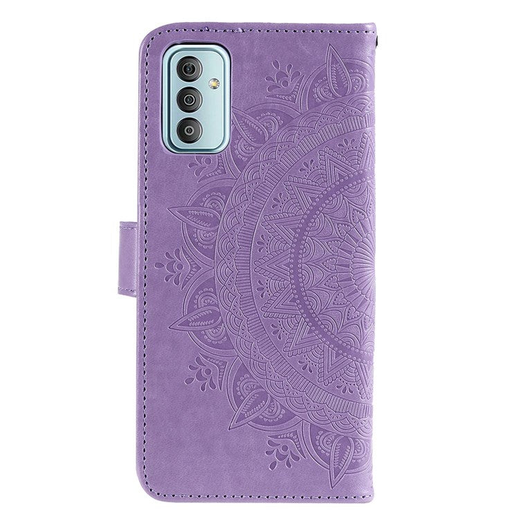 For Samsung Galaxy F23 PU Leather Shockproof Phone Flip Cover, Wallet Stand Design Imprinted Mandala Flower Phone Case - Purple