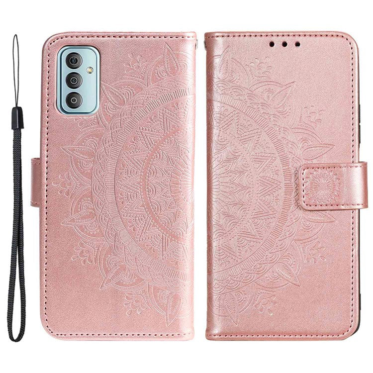 For Samsung Galaxy F23 PU Leather Shockproof Phone Flip Cover, Wallet Stand Design Imprinted Mandala Flower Phone Case - Rose Gold