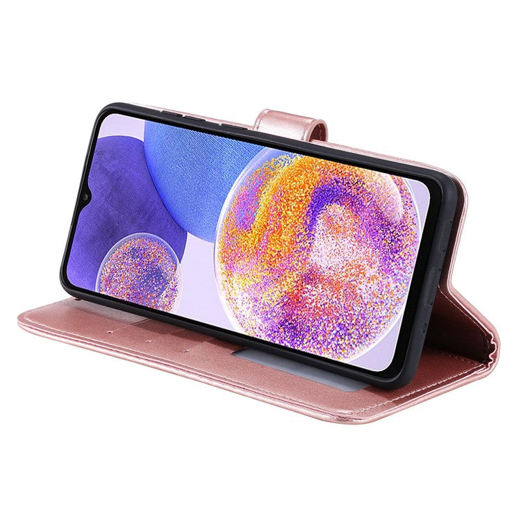 For Samsung Galaxy F23 PU Leather Shockproof Phone Flip Cover, Wallet Stand Design Imprinted Mandala Flower Phone Case - Rose Gold