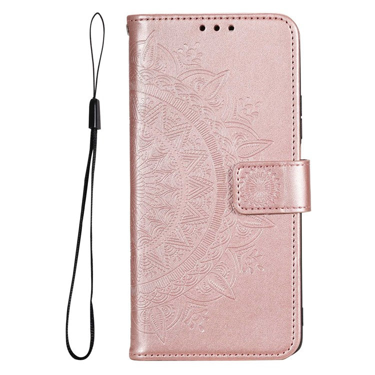 For Samsung Galaxy F23 PU Leather Shockproof Phone Flip Cover, Wallet Stand Design Imprinted Mandala Flower Phone Case - Rose Gold