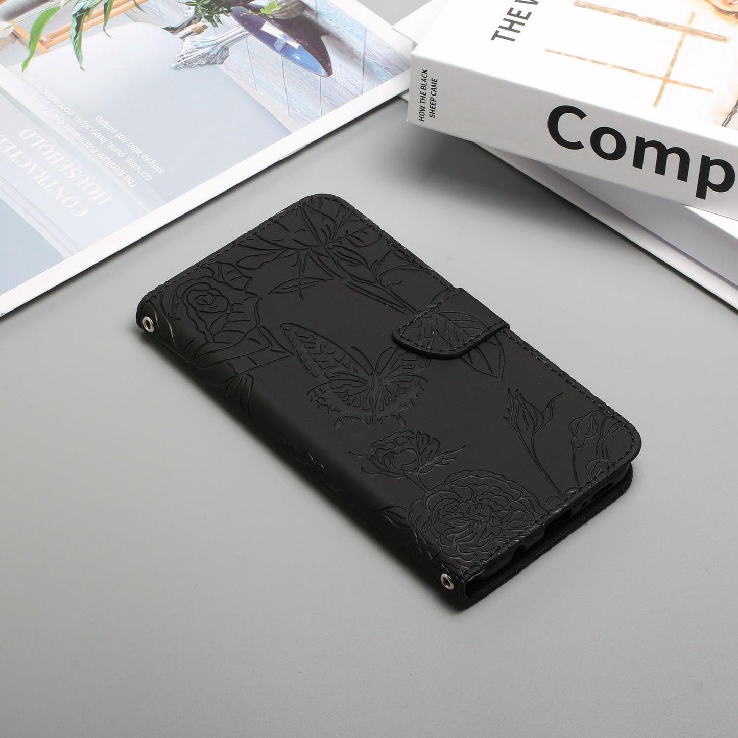 For Samsung Galaxy S20 Ultra PU Leather Butterfly Flower Pattern Imprinted Wallet Case Stand Inner TPU Skin-touch Feeling Cover with Strap - Black
