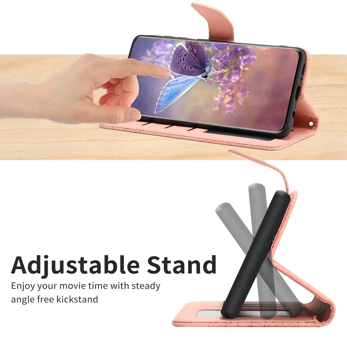 For Samsung Galaxy S20 Ultra PU Leather Butterfly Flower Pattern Imprinted Wallet Case Stand Inner TPU Skin-touch Feeling Cover with Strap - Pink