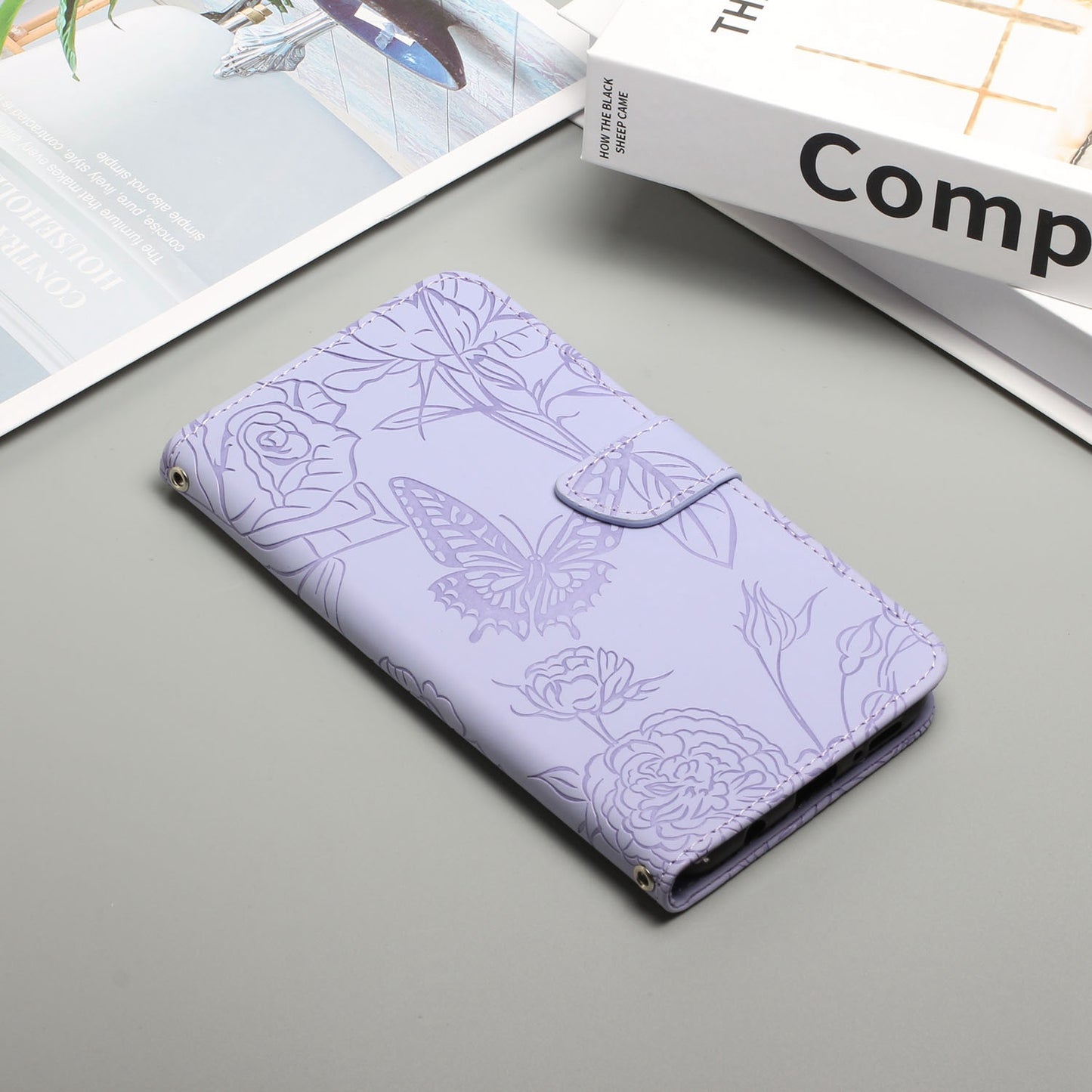 For Samsung Galaxy S20 Ultra PU Leather Butterfly Flower Pattern Imprinted Wallet Case Stand Inner TPU Skin-touch Feeling Cover with Strap - Light Purple
