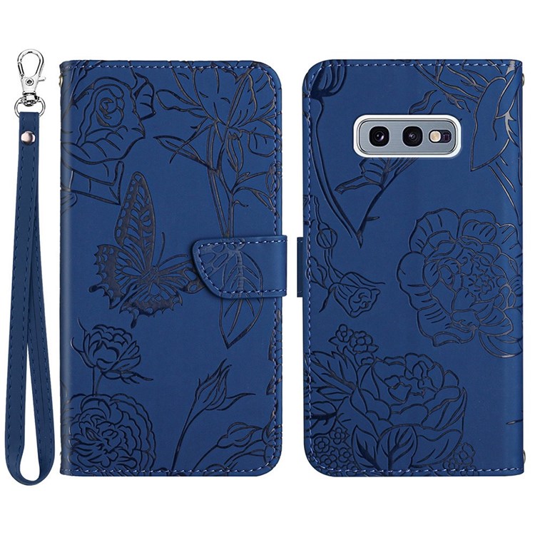 For Samsung Galaxy S10e PU Leather Butterfly Flower Imprinted Stand Flip Cover Skin-touch Feeling Magnetic Folio Cover with Hand Strap - Blue