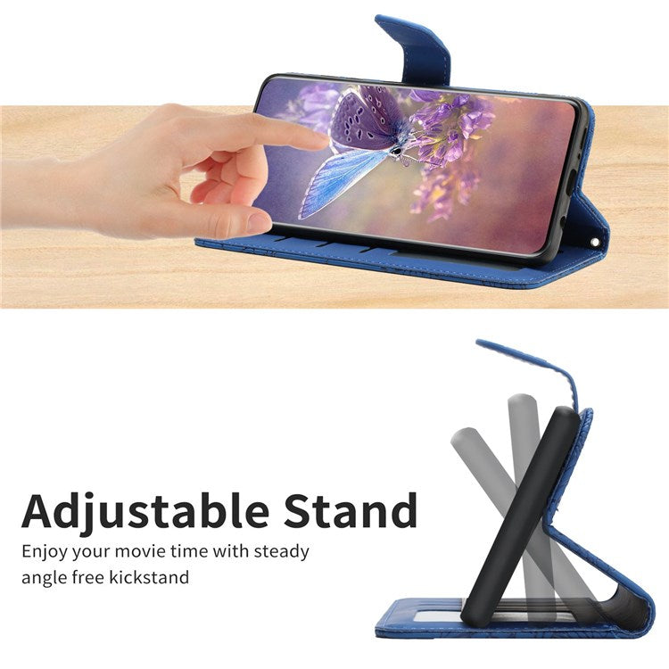 For Samsung Galaxy S10e PU Leather Butterfly Flower Imprinted Stand Flip Cover Skin-touch Feeling Magnetic Folio Cover with Hand Strap - Blue