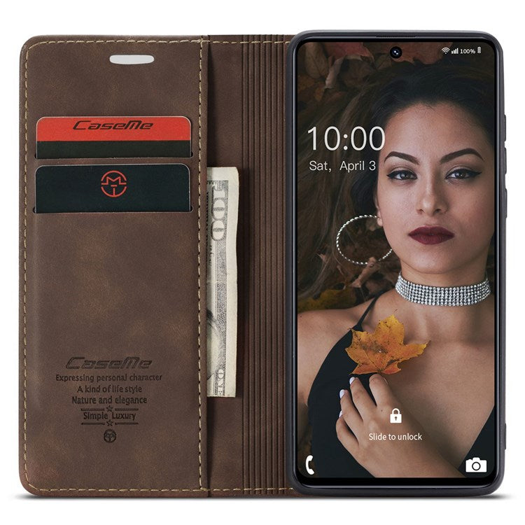 CASEME 013 Series Magnetic Smartphone Cover for Samsung Galaxy M51, PU Leather Wallet Foldable Stand Phone Case - Coffee