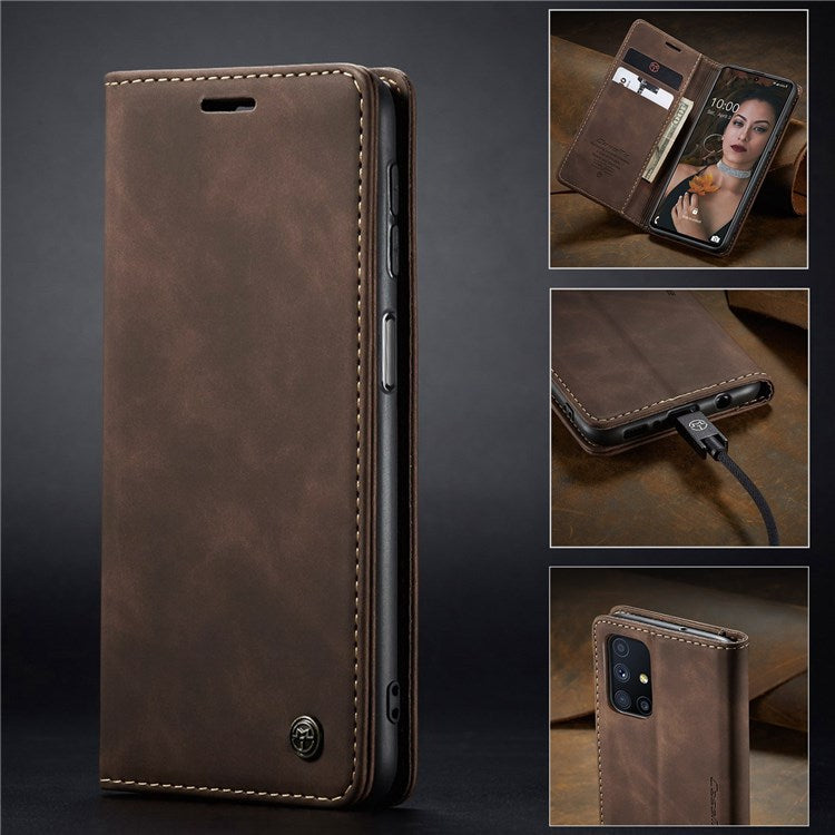 CASEME 013 Series Magnetic Smartphone Cover for Samsung Galaxy M51, PU Leather Wallet Foldable Stand Phone Case - Coffee