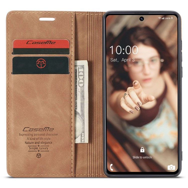 CASEME 013 Series Magnetic Smartphone Cover for Samsung Galaxy M51, PU Leather Wallet Foldable Stand Phone Case - Brown