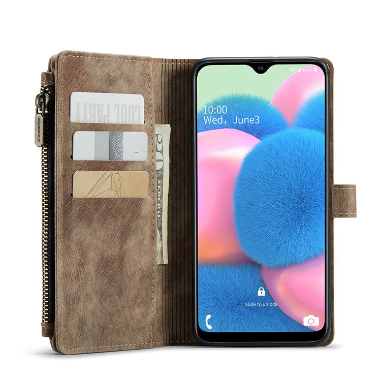 CASEME C30 Series for Samsung Galaxy A30s/A50/A50s Viewing Stand Design PU Leather Phone Case Zipper Pocket Wallet Phone Cover - Brown