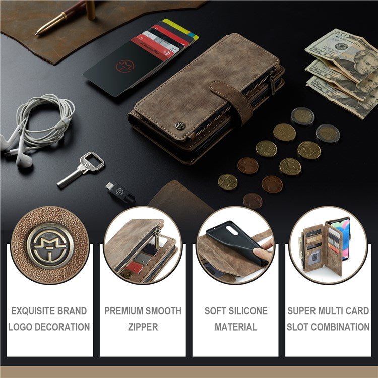 CASEME C30 Series for Samsung Galaxy A30s/A50/A50s Viewing Stand Design PU Leather Phone Case Zipper Pocket Wallet Phone Cover - Brown