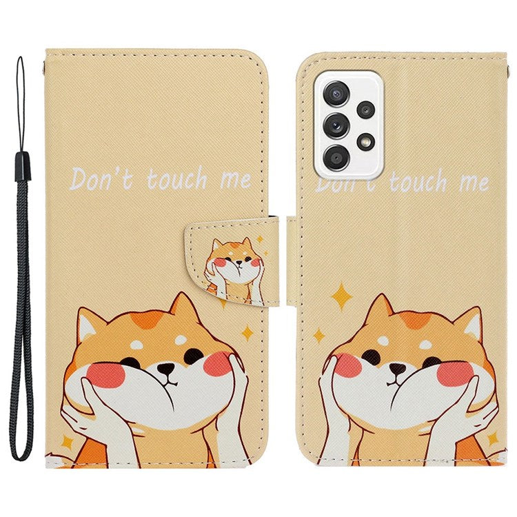 Pattern-Printing Cross Texture PU Leather Case for Samsung Galaxy A23 5G (Global Version) / 4G, Drop-Resistant Complete Covering Leather Wallet Stand Phone Shell + Strap - Akita Dog