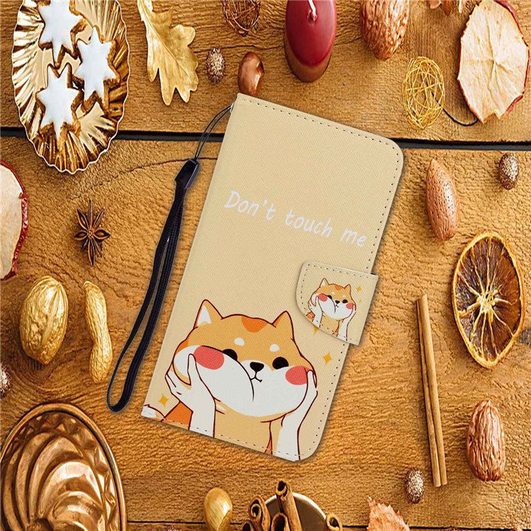 Pattern-Printing Cross Texture PU Leather Case for Samsung Galaxy A23 5G (Global Version) / 4G, Drop-Resistant Complete Covering Leather Wallet Stand Phone Shell + Strap - Akita Dog