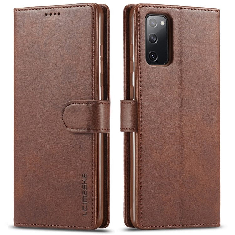 LC.IMEEKE For Samsung Galaxy M52 5G Textured PU Leather Cover Drop-proof Stand Wallet Protective Phone Case - Brown