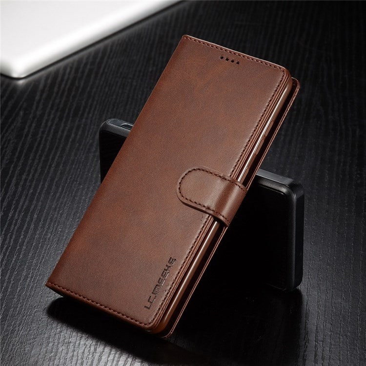 LC.IMEEKE For Samsung Galaxy M52 5G Textured PU Leather Cover Drop-proof Stand Wallet Protective Phone Case - Brown