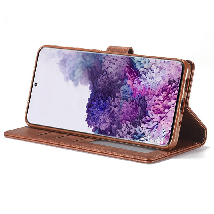 LC.IMEEKE For Samsung Galaxy M52 5G Textured PU Leather Cover Drop-proof Stand Wallet Protective Phone Case - Black