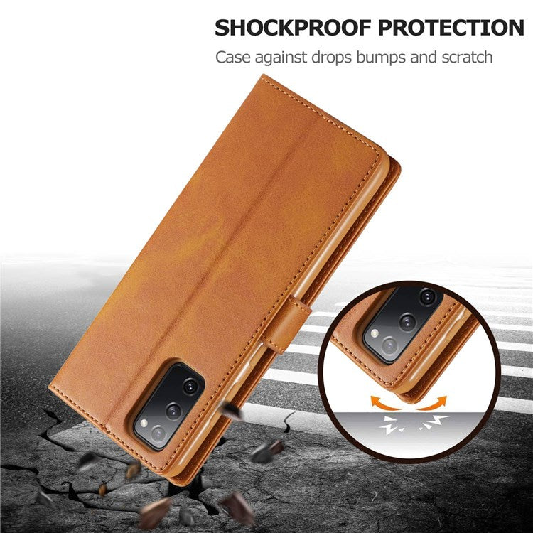 LC.IMEEKE For Samsung Galaxy M52 5G Textured PU Leather Cover Drop-proof Stand Wallet Protective Phone Case - Light Brown