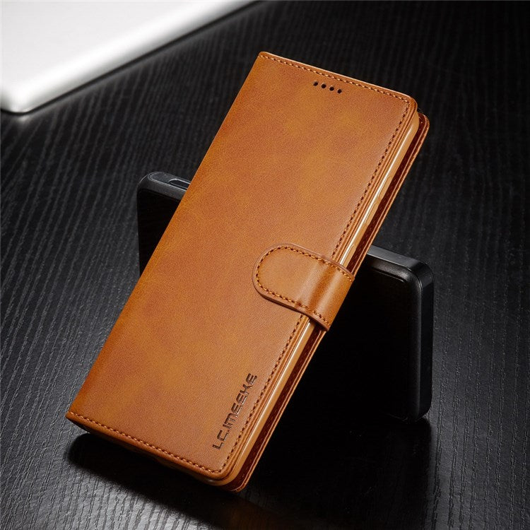 LC.IMEEKE For Samsung Galaxy M52 5G Textured PU Leather Cover Drop-proof Stand Wallet Protective Phone Case - Light Brown