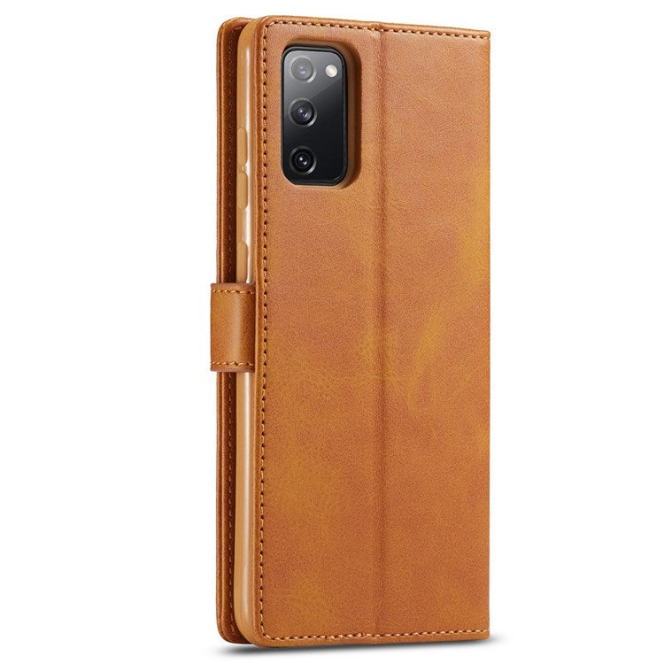 LC.IMEEKE For Samsung Galaxy M52 5G Textured PU Leather Cover Drop-proof Stand Wallet Protective Phone Case - Light Brown
