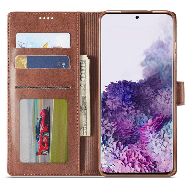 LC.IMEEKE For Samsung Galaxy M52 5G Textured PU Leather Cover Drop-proof Stand Wallet Protective Phone Case - Light Brown