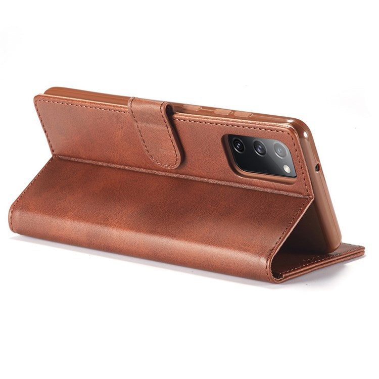 LC.IMEEKE For Samsung Galaxy M52 5G Textured PU Leather Cover Drop-proof Stand Wallet Protective Phone Case - Light Brown