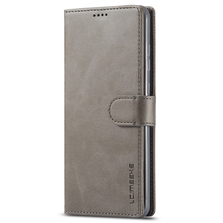 LC.IMEEKE For Samsung Galaxy M52 5G Textured PU Leather Cover Drop-proof Stand Wallet Protective Phone Case - Grey