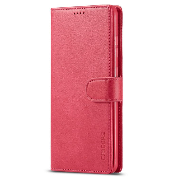 LC.IMEEKE For Samsung Galaxy M52 5G Textured PU Leather Cover Drop-proof Stand Wallet Protective Phone Case - Red
