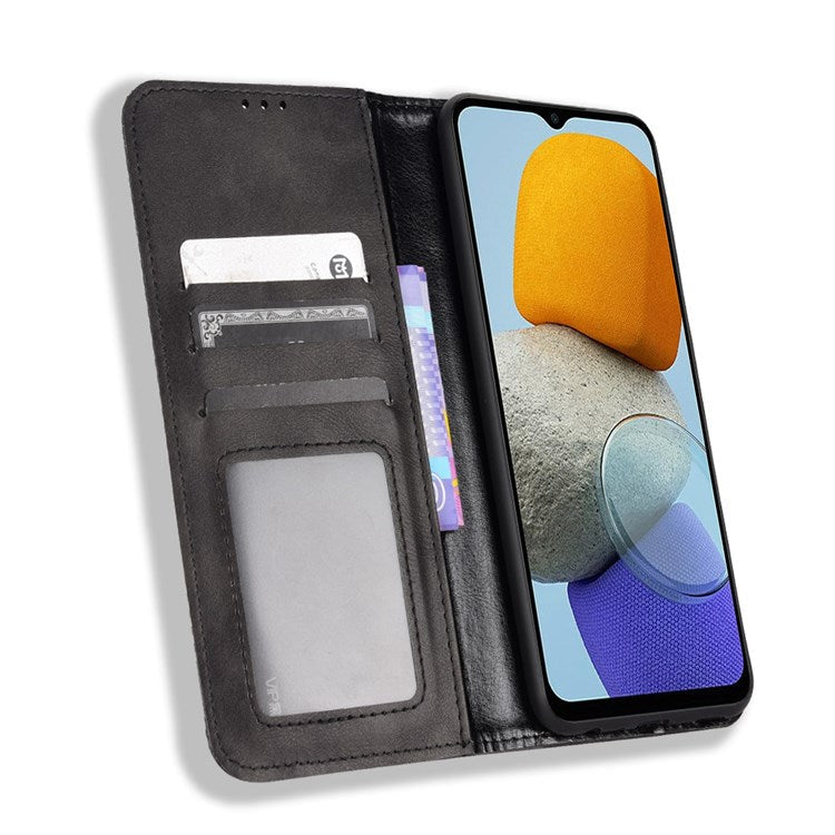For Samsung Galaxy M23 5G/F23 5G Vintage PU Leather Wallet Case Mosaic Imprinted Auto Closing Magnetic Flip Stand Phone Cover - Black