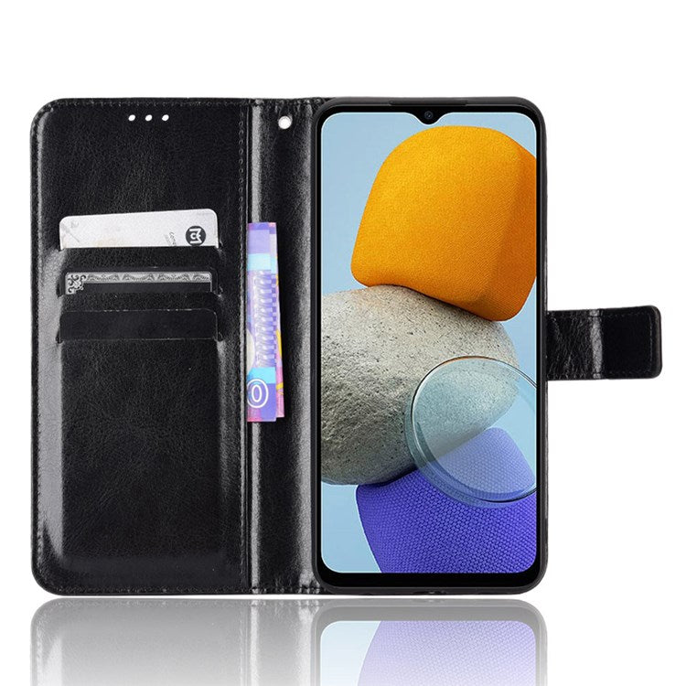 For Samsung Galaxy M23 5G/F23 5G Crazy Horse Texture Flip Wallet Case PU Leather Stand Hand Strap Shockproof Protective Cover - Black