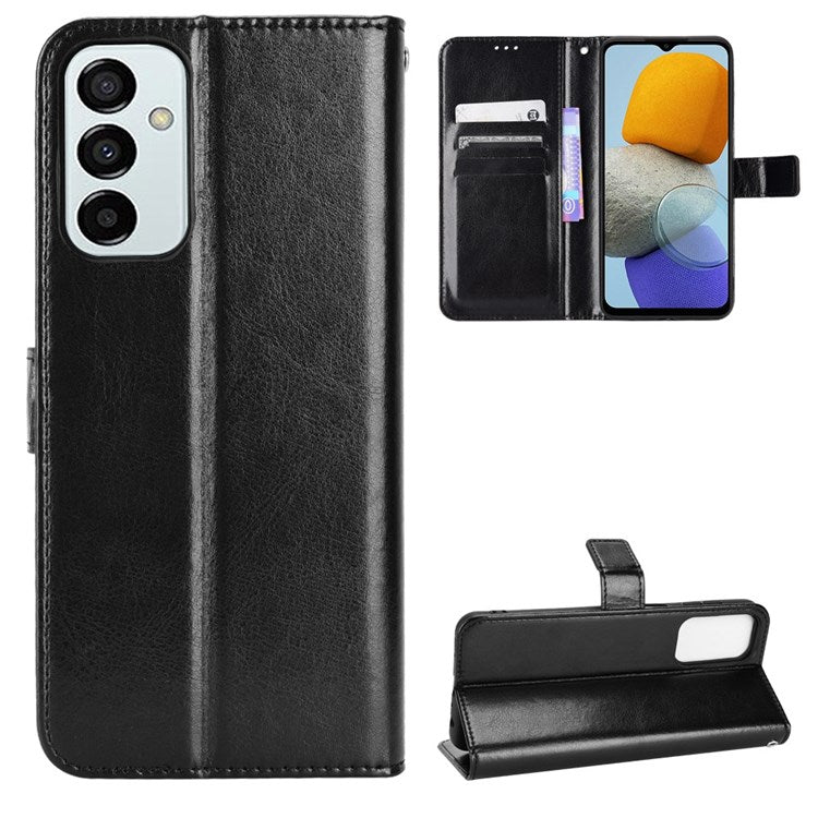 For Samsung Galaxy M23 5G/F23 5G Crazy Horse Texture Flip Wallet Case PU Leather Stand Hand Strap Shockproof Protective Cover - Black