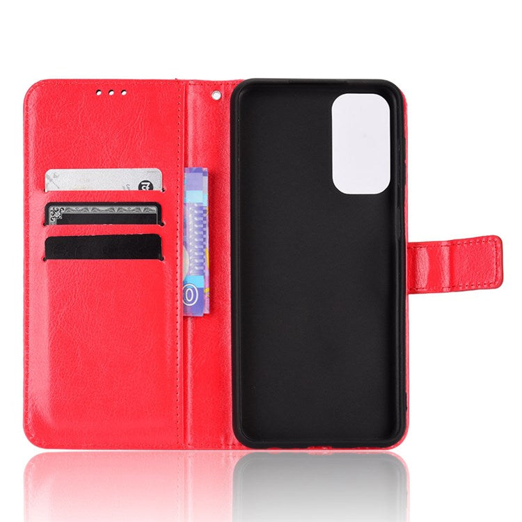 For Samsung Galaxy M23 5G/F23 5G Crazy Horse Texture Flip Wallet Case PU Leather Stand Hand Strap Shockproof Protective Cover - Red