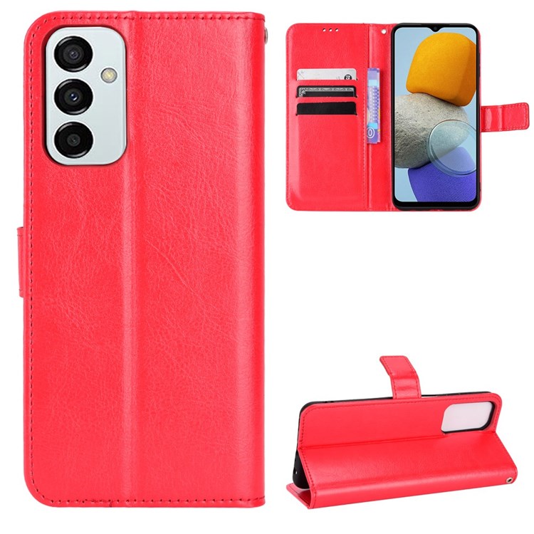 For Samsung Galaxy M23 5G/F23 5G Crazy Horse Texture Flip Wallet Case PU Leather Stand Hand Strap Shockproof Protective Cover - Red