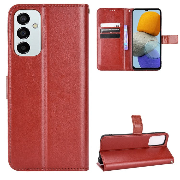 For Samsung Galaxy M23 5G/F23 5G Crazy Horse Texture Flip Wallet Case PU Leather Stand Hand Strap Shockproof Protective Cover - Brown