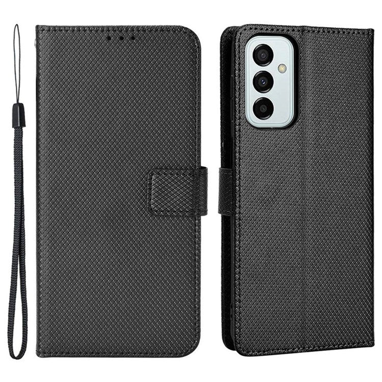 For Samsung Galaxy M23 5G/F23 5G Flip PU Leather Wallet Booklet Case Diamond Texture Stand View Cover with Strap - Black