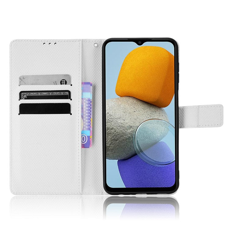 For Samsung Galaxy M23 5G/F23 5G Flip PU Leather Wallet Booklet Case Diamond Texture Stand View Cover with Strap - White