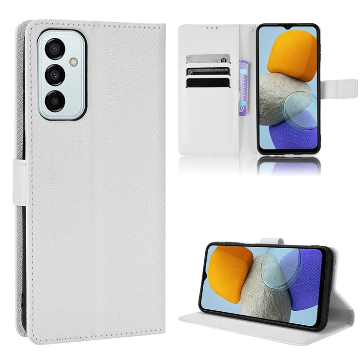 For Samsung Galaxy M23 5G/F23 5G Flip PU Leather Wallet Booklet Case Diamond Texture Stand View Cover with Strap - White