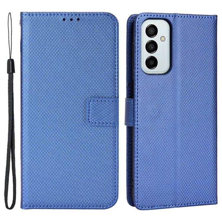 For Samsung Galaxy M23 5G/F23 5G Flip PU Leather Wallet Booklet Case Diamond Texture Stand View Cover with Strap - Blue