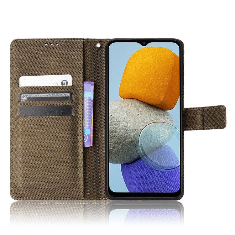 For Samsung Galaxy M23 5G/F23 5G Flip PU Leather Wallet Booklet Case Diamond Texture Stand View Cover with Strap - Brown