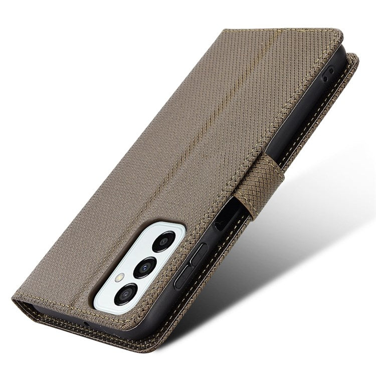 For Samsung Galaxy M23 5G/F23 5G Flip PU Leather Wallet Booklet Case Diamond Texture Stand View Cover with Strap - Brown