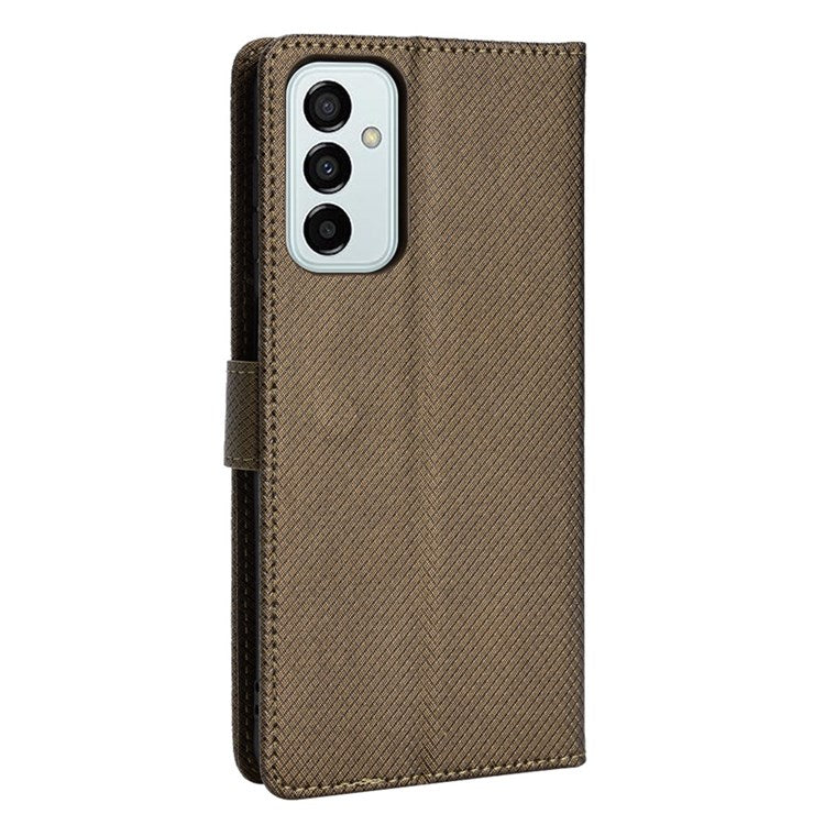 For Samsung Galaxy M23 5G/F23 5G Flip PU Leather Wallet Booklet Case Diamond Texture Stand View Cover with Strap - Brown