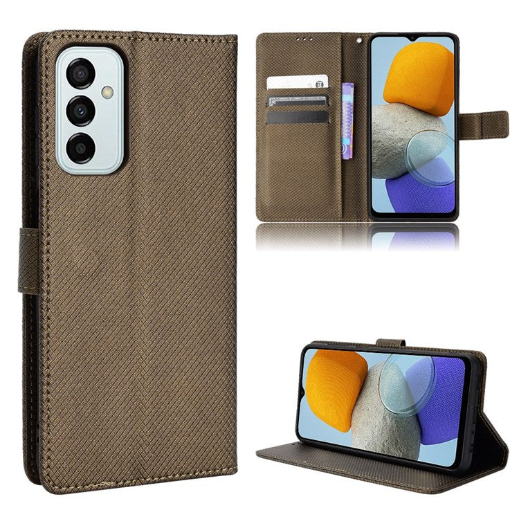 For Samsung Galaxy M23 5G/F23 5G Flip PU Leather Wallet Booklet Case Diamond Texture Stand View Cover with Strap - Brown